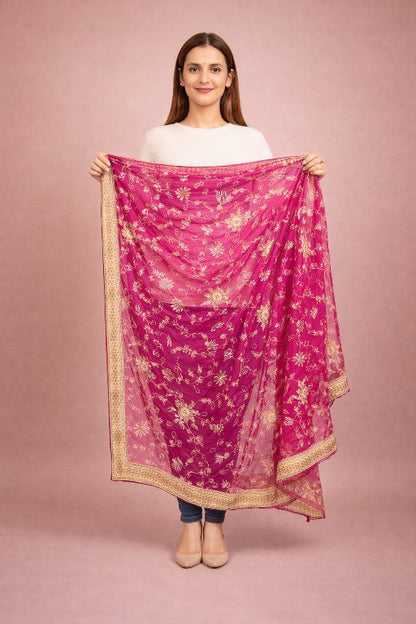 Sanskriti Vintage Pink Pure Chiffon Dupatta Long Stole Hand Beaded Zardozi Scarf