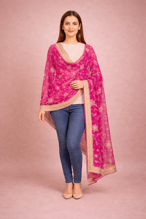 Sanskriti Vintage Pink Pure Chiffon Silk Dupatta Long Stole Hand Beaded Gota Patti Dabka Zari Scarf Crafting, Upcycling, Recycling, Decro