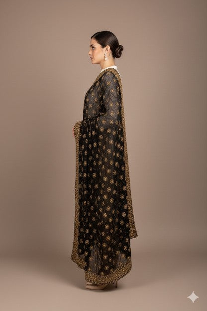 Sanskriti Vintage Black Pure Georgette Silk Dupatta Long Stole Hand Beaded Scarf