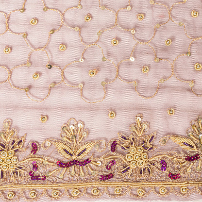 Sanskriti Vintage Pink Net Mesh Long Dupatta Stole Hand Embroidered Zari Zardozi Dabka Sequins Neck/Head Decor, Sewing, Upcycling