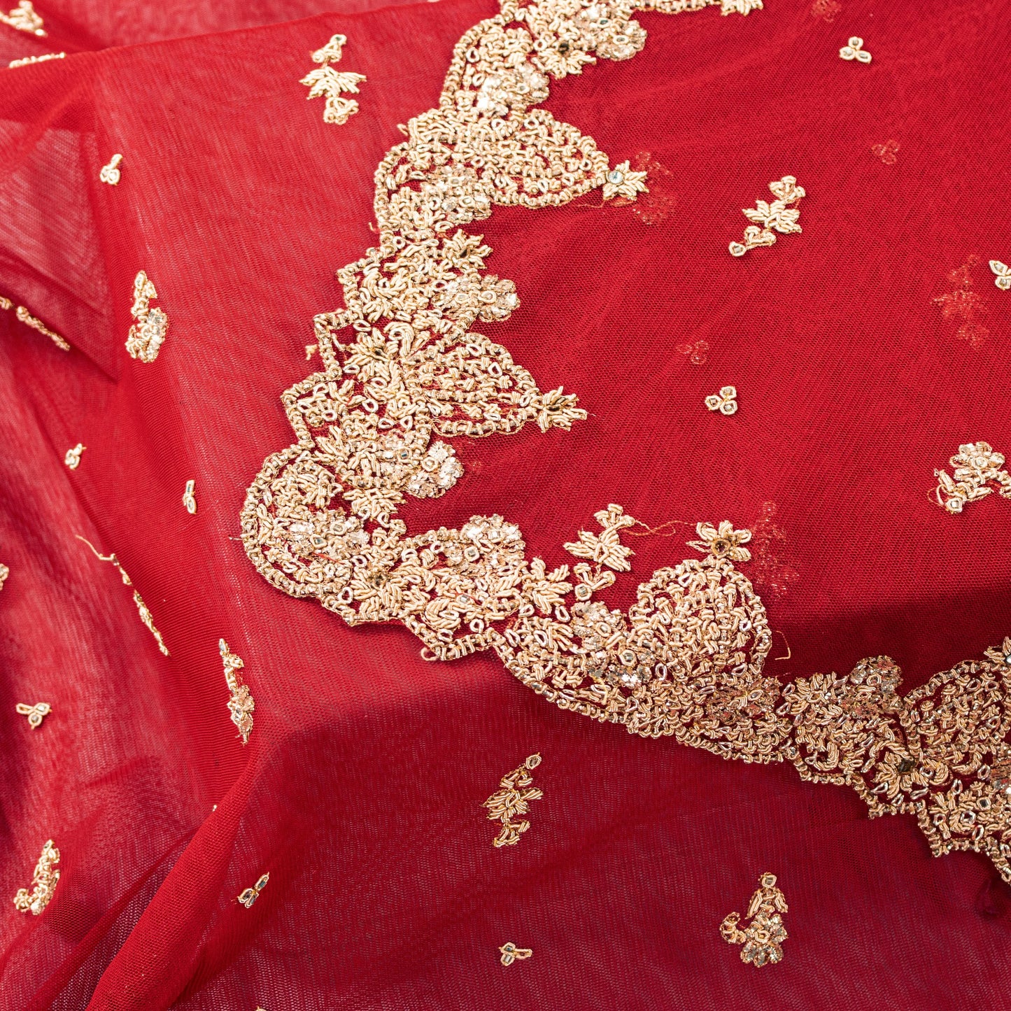 Sanskriti Vintage Red Net Dupatta Long Stole Hand Embroidery Zardozi Wedding Vei