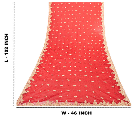 Sanskriti Vintage Red Net Dupatta Long Stole Hand Embroidery Zardozi Wedding Vei