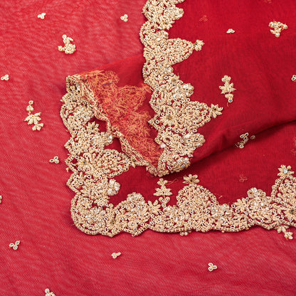 Sanskriti Vintage Red Net Dupatta Long Stole Hand Embroidery Zardozi Wedding Vei