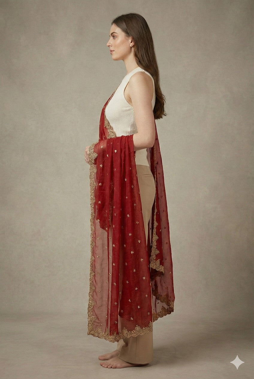 Sanskriti Vintage Red Net Dupatta Long Stole Hand Embroidery Zardozi Wedding Vei