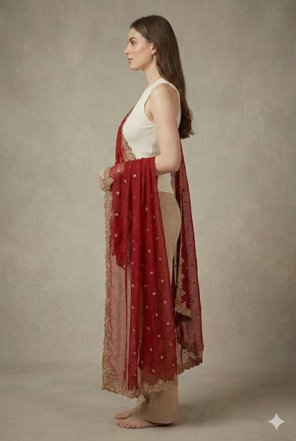Sanskriti Vintage Red Net Dupatta Long Stole Hand Embroidery Zardozi Wedding Vei