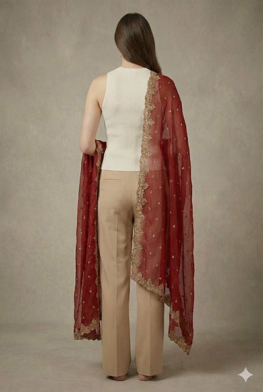 Sanskriti Vintage Red Net Dupatta Long Stole Hand Embroidery Zardozi Wedding Vei