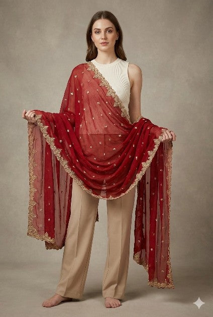 Sanskriti Vintage Red Net Dupatta Long Stole Hand Embroidery Zardozi Wedding Vei