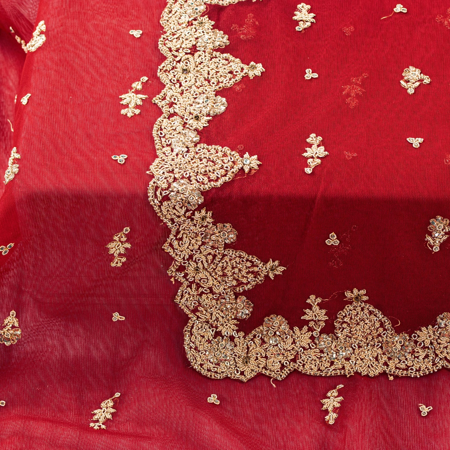 Sanskriti Vintage Red Net Dupatta Long Stole Hand Embroidery Zardozi Wedding Vei