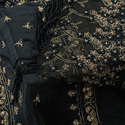 Sanskriti Vintage Black Pure Silk Dupatta Long Stole Hand Beaded Zardozi Scarves