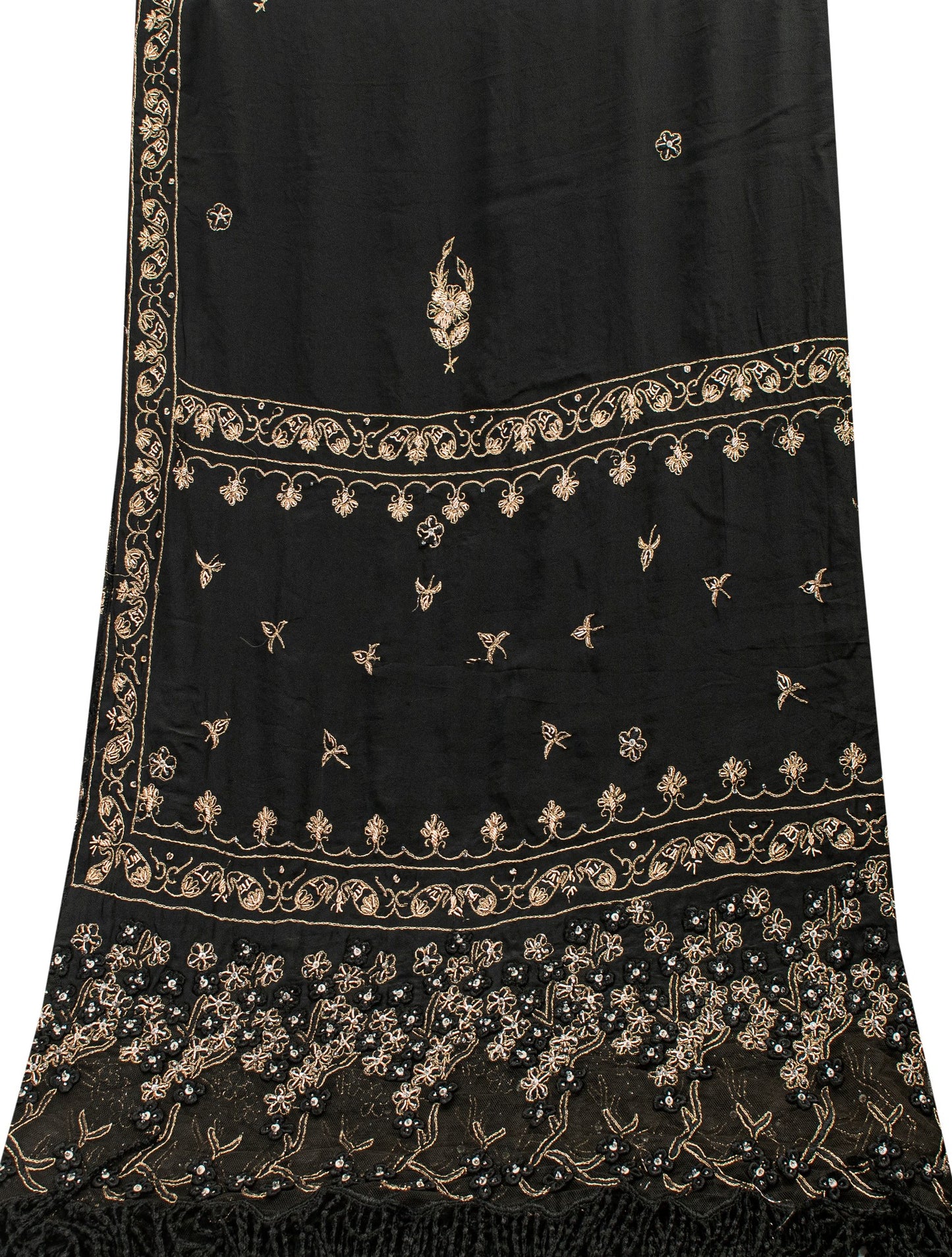 Sanskriti Vintage Black Pure Silk Dupatta Long Stole Hand Beaded Zardozi Scarves