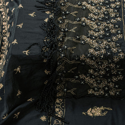 Sanskriti Vintage Black Pure Silk Dupatta Long Stole Hand Beaded Zardozi Scarves