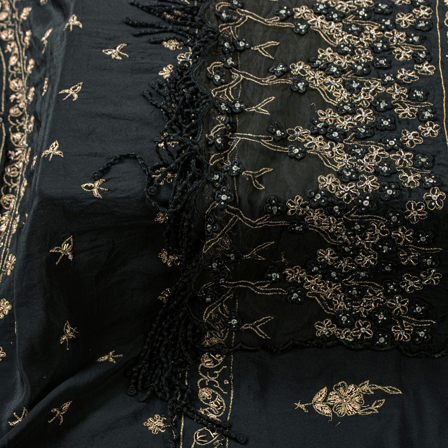 Sanskriti Vintage Black Pure Silk Dupatta Long Stole Hand Beaded Zardozi Scarves