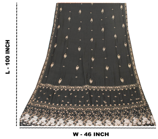 Sanskriti Vintage Black Pure Silk Dupatta Long Stole Hand Beaded Zardozi Scarves