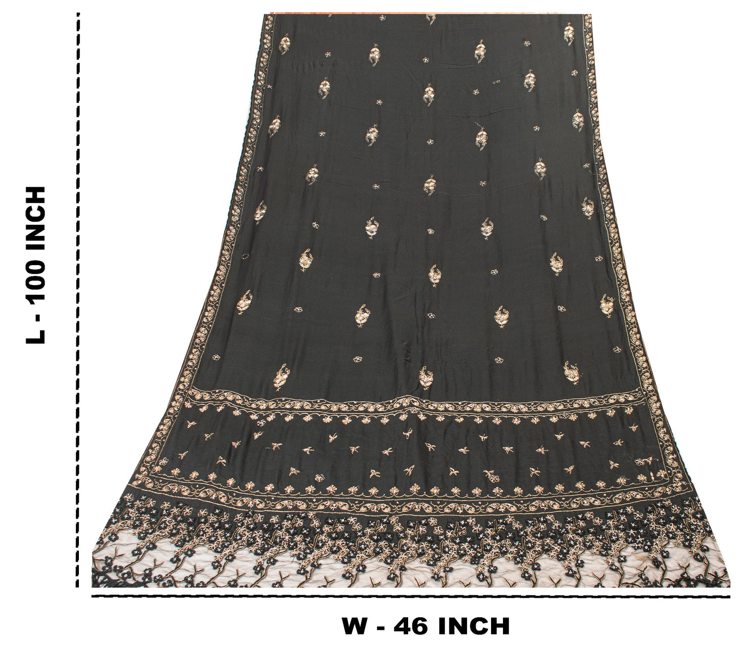 Sanskriti Vintage Black Pure Silk Dupatta Long Stole Hand Beaded Zardozi Scarves