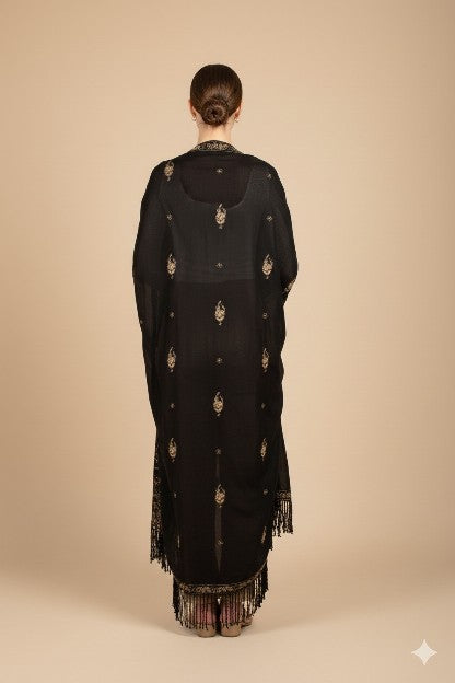 Sanskriti Vintage Black Pure Silk Dupatta Long Stole Hand Beaded Zardozi Scarves