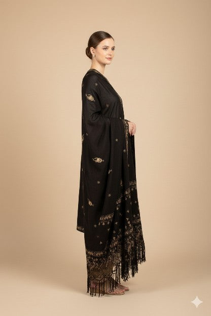 Sanskriti Vintage Black Pure Silk Dupatta Long Stole Hand Beaded Zardozi Scarves
