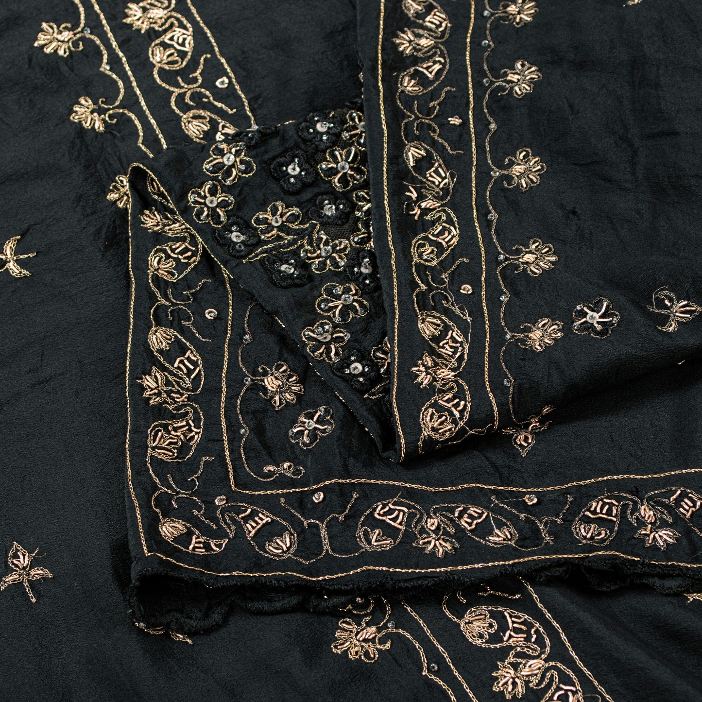 Sanskriti Vintage Black Pure Silk Dupatta Long Stole Hand Beaded Zardozi Scarves