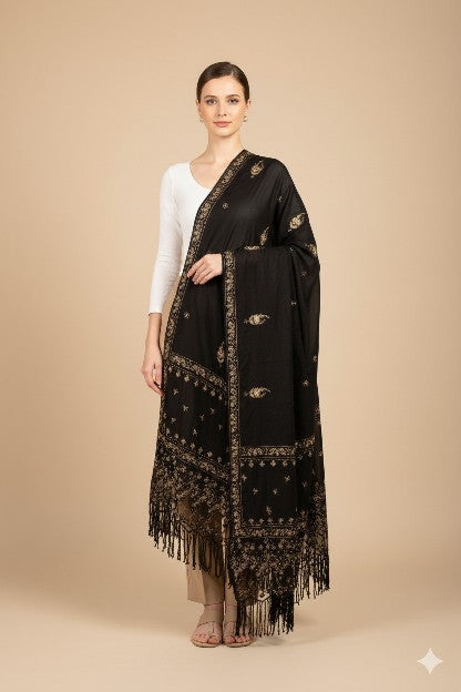 Sanskriti Vintage Black Pure Silk Dupatta Long Stole Hand Beaded Zardozi Scarves