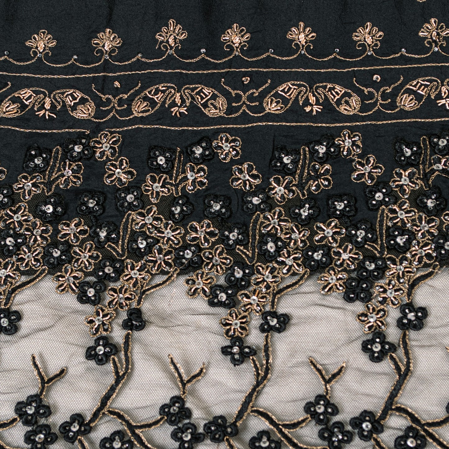 Sanskriti Vintage Black Pure Silk Dupatta Long Stole Hand Beaded Zardozi Scarves