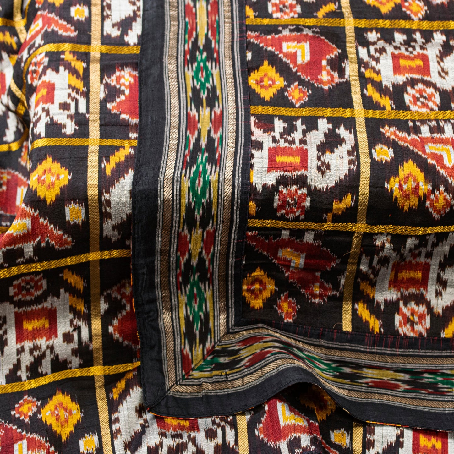 Sanskriti Vintage Black Pure Silk Dupatta Stole Patan patola Double Ikat Handwoven Cultural Veil Geometric Pattern From Gujrat of India