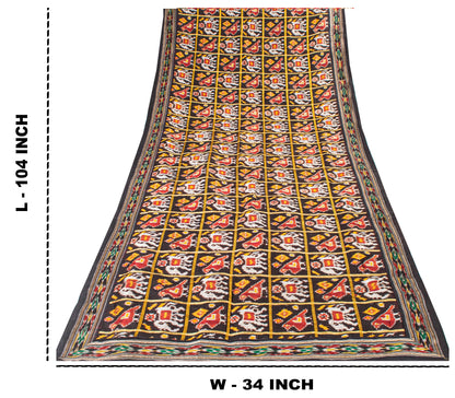 Sanskriti Vintage Black Pure Silk Dupatta Stole Patan patola Double Ikat Handwoven Cultural Veil Geometric Pattern From Gujrat of India