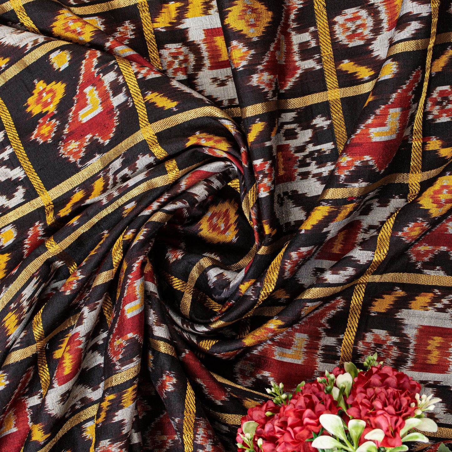 Sanskriti Vintage Black Pure Silk Dupatta Stole Patan patola Double Ikat Handwoven Cultural Veil Geometric Pattern From Gujrat of India
