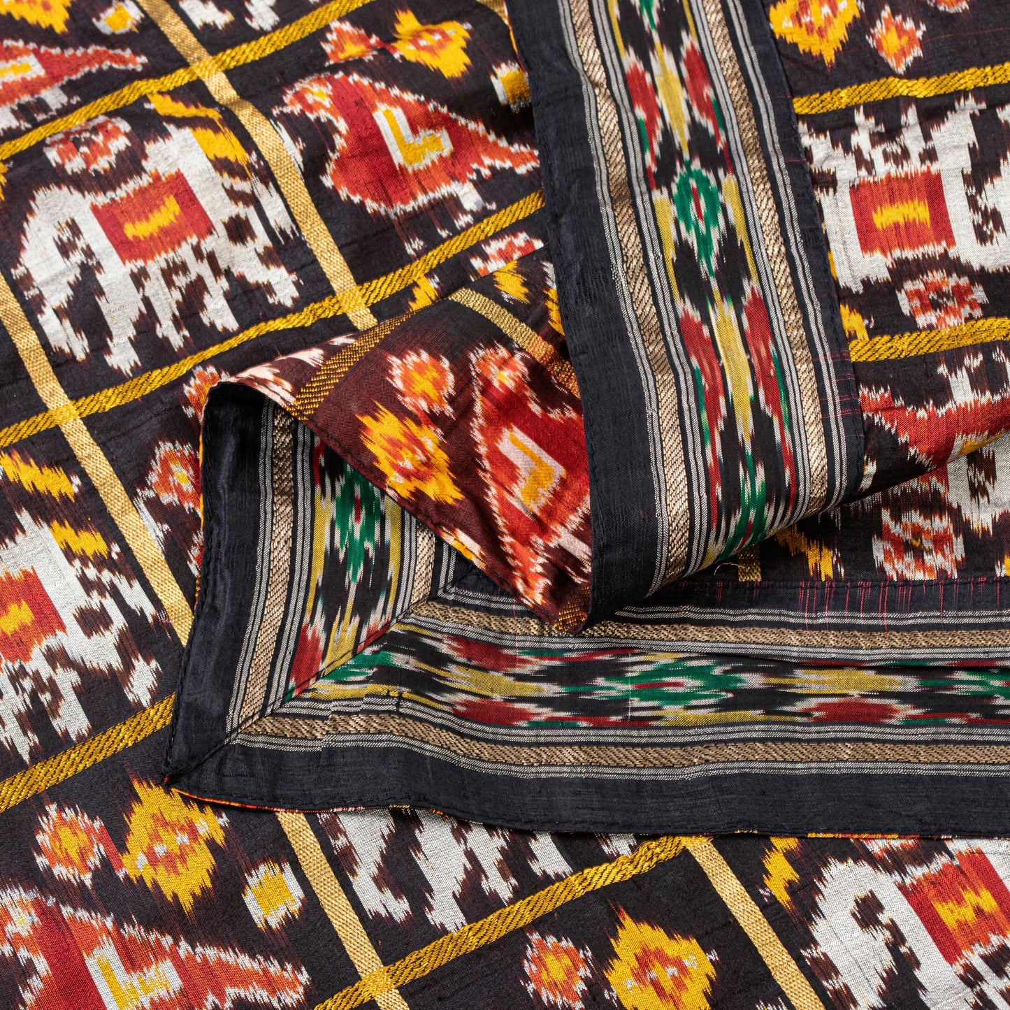 Sanskriti Vintage Black Pure Silk Dupatta Stole Patan patola Double Ikat Handwoven Cultural Veil Geometric Pattern From Gujrat of India