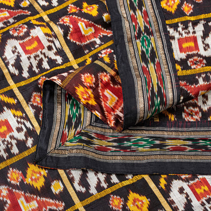 Sanskriti Vintage Black Pure Silk Dupatta Stole Patan patola Double Ikat Handwoven Cultural Veil Geometric Pattern From Gujrat of India