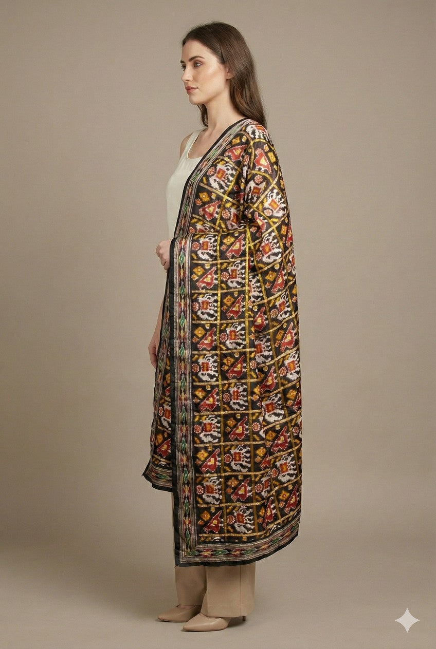 Sanskriti Vintage Black Pure Silk Dupatta Stole Patan patola Double Ikat Handwoven Cultural Veil Geometric Pattern From Gujrat of India