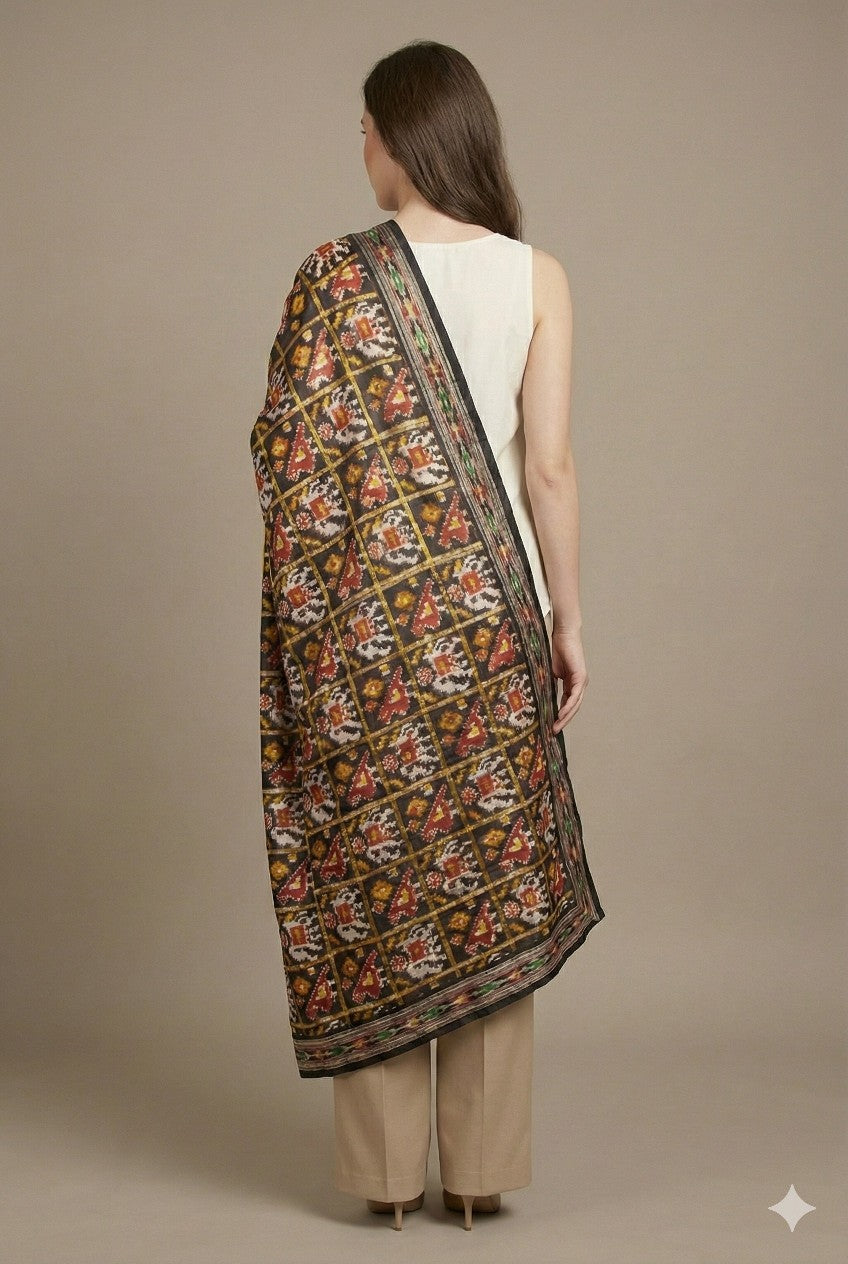 Sanskriti Vintage Black Pure Silk Dupatta Stole Patan patola Double Ikat Handwoven Cultural Veil Geometric Pattern From Gujrat of India