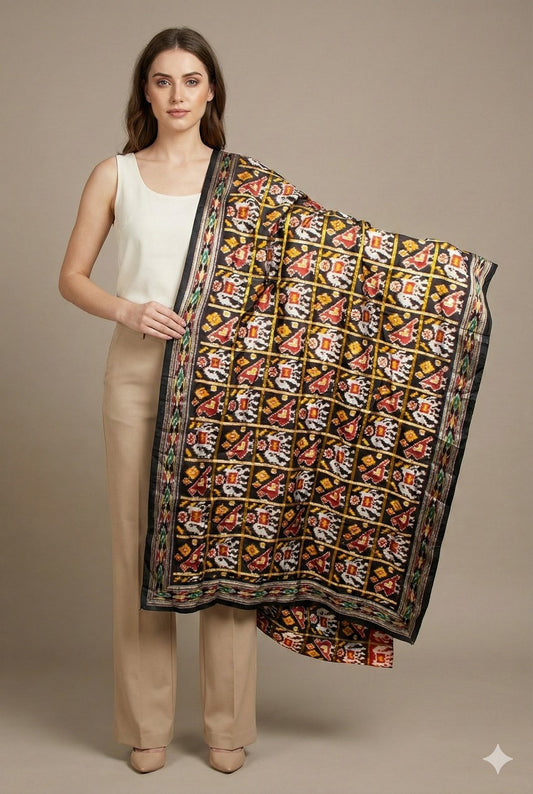 Sanskriti Vintage BlackPure Silk Dupatta Stole PatanPatola Double Ikat Handwoven