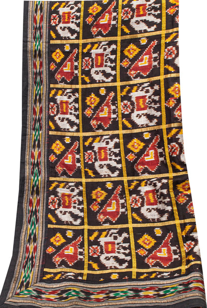 Sanskriti Vintage Black Pure Silk Dupatta Stole Patan patola Double Ikat Handwoven Cultural Veil Geometric Pattern From Gujrat of India