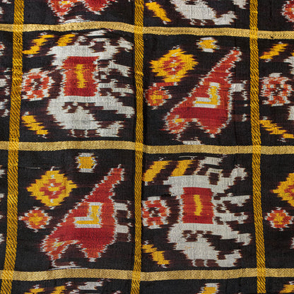 Sanskriti Vintage Black Pure Silk Dupatta Stole Patan patola Double Ikat Handwoven Cultural Veil Geometric Pattern From Gujrat of India