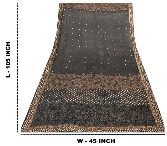 Sanskriti Vintage Black Pure Georgette Dupatta Long Stole Hand Bead Zardozi Veil