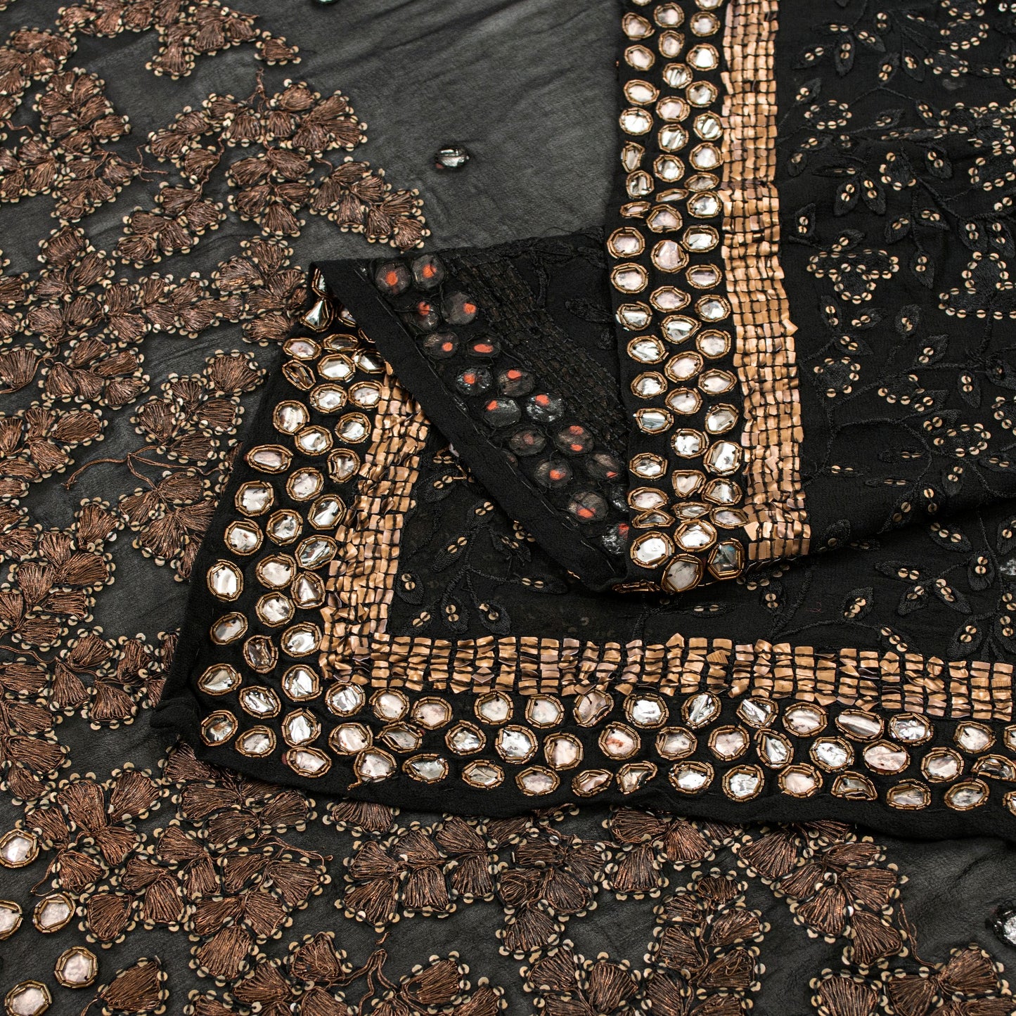 Sanskriti Vintage Black Pure Georgette Dupatta Long Stole Hand Beaded Zardozi Gota Patti Sequins Veil Uses-Table linen, Cushions, Dressing