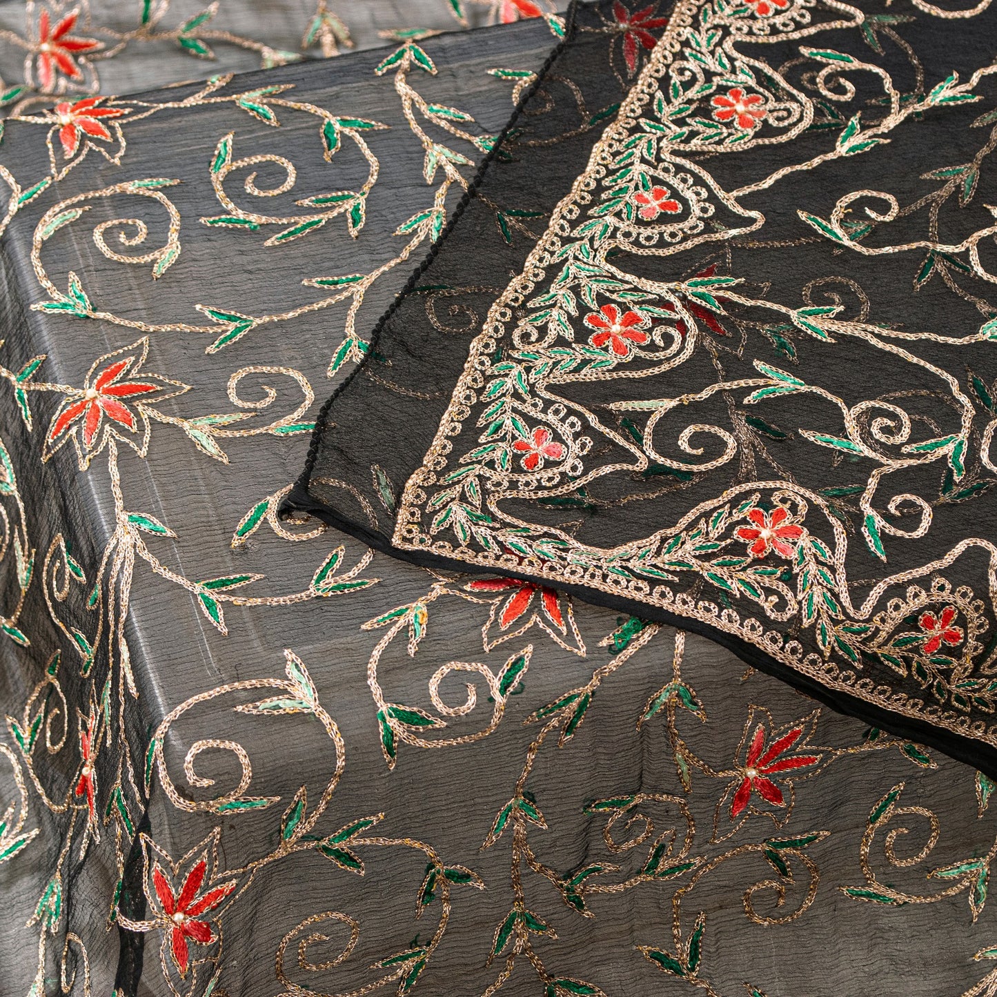 Sanskriti Vintage Black Pure Chiffon Silk Dupatta Long Stole Embroidered Zari Crafting, Upcycling, Recycling, Dress Making, Decor