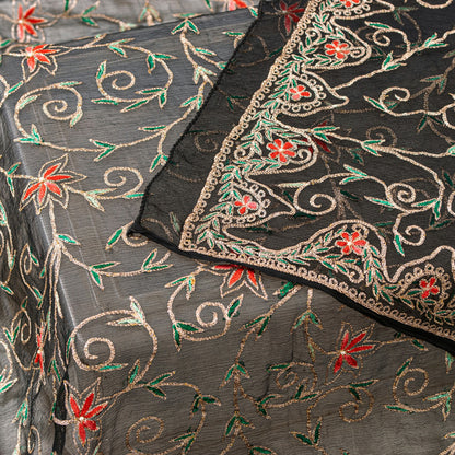 Sanskriti Vintage Black Pure Chiffon Silk Dupatta Long Stole Embroidered Zari Crafting, Upcycling, Recycling, Dress Making, Decor