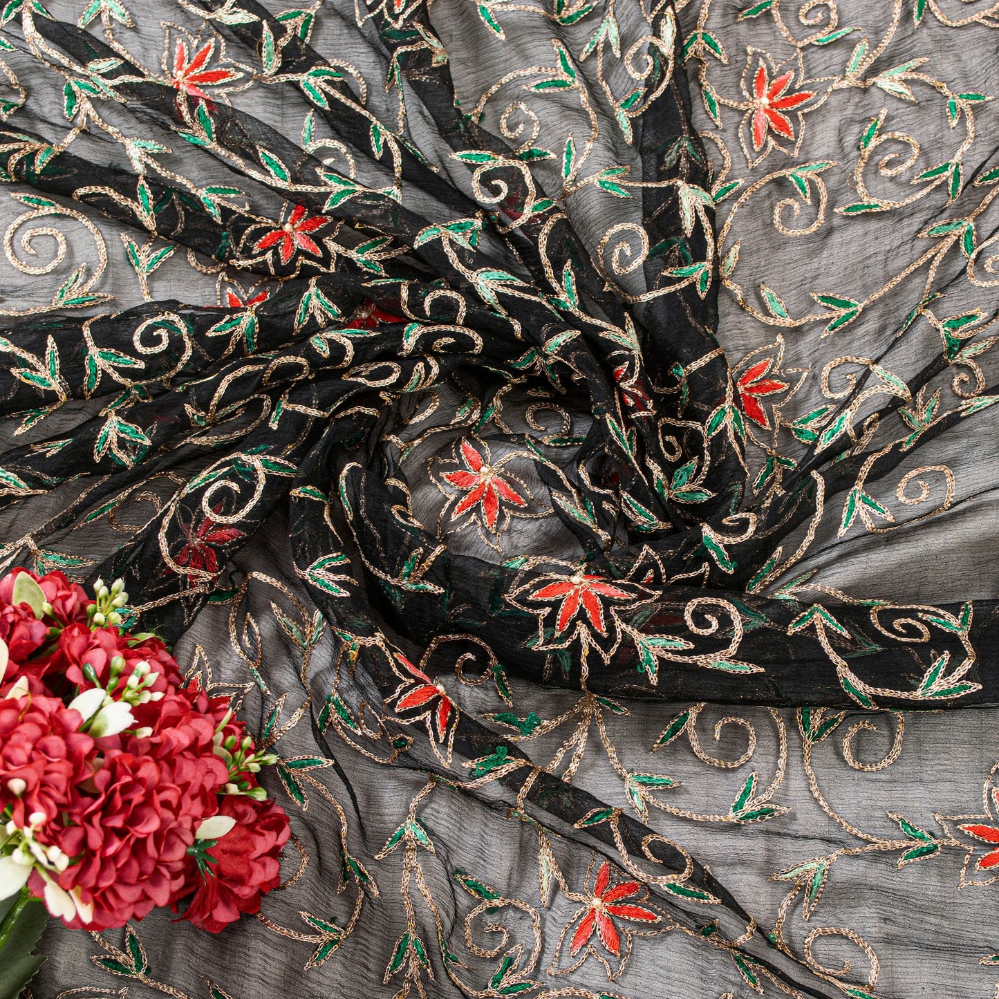 Sanskriti Vintage Black Pure Chiffon Silk Dupatta Long Stole Embroidered Zari Crafting, Upcycling, Recycling, Dress Making, Decor
