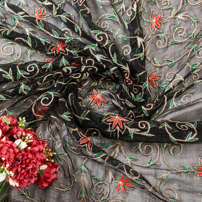 Sanskriti Vintage Black Pure Chiffon Silk Dupatta Long Stole Embroidered Zari Crafting, Upcycling, Recycling, Dress Making, Decor