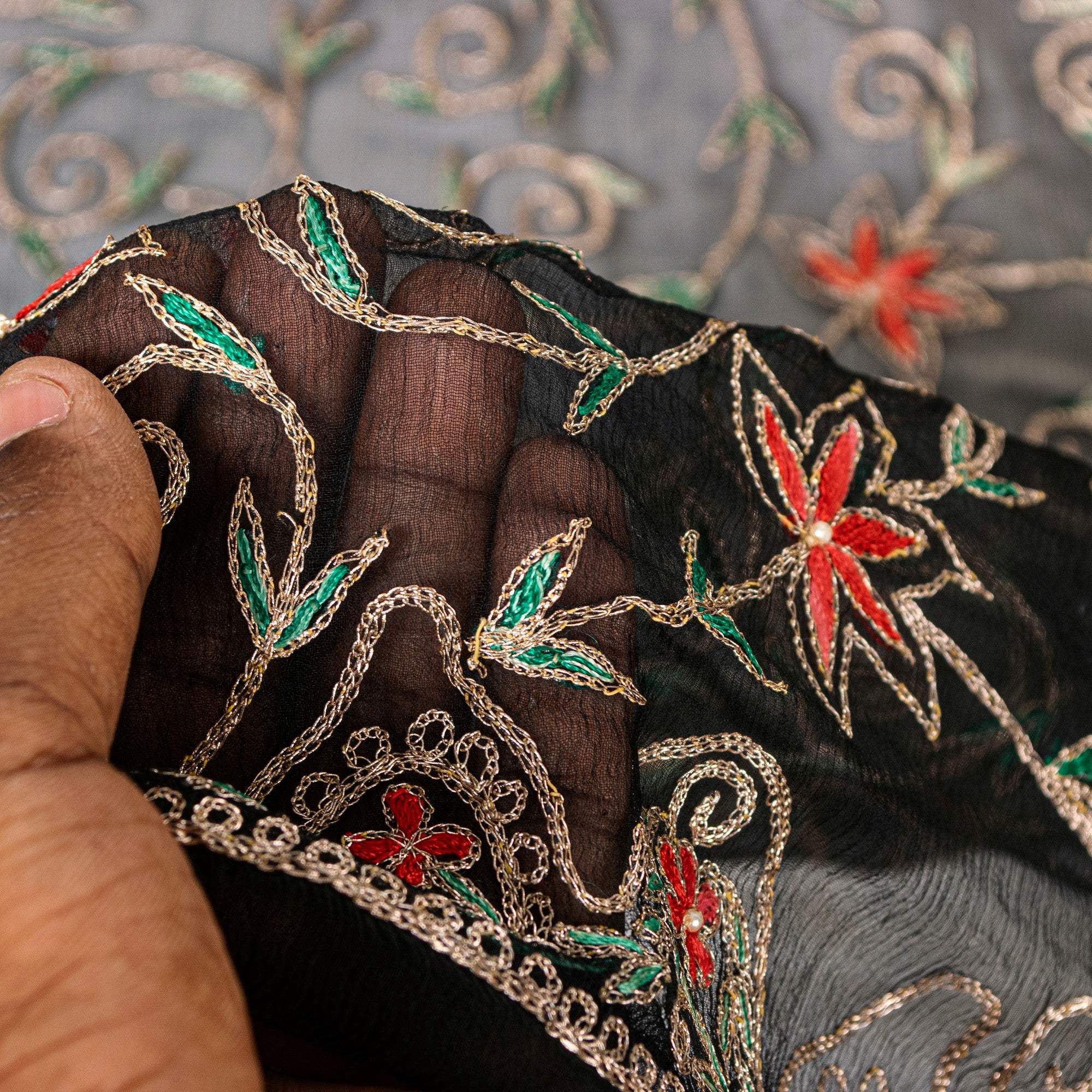 Sanskriti Vintage Black Pure Chiffon Silk Dupatta Long Stole Embroidered Scarves