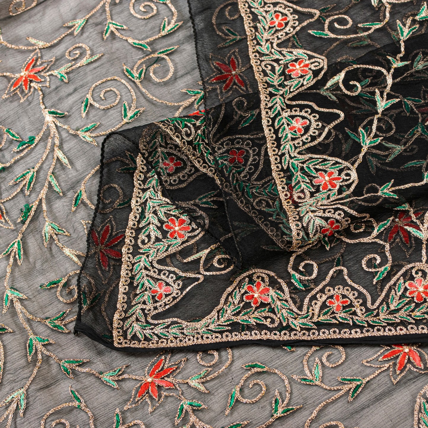 Sanskriti Vintage Black Pure Chiffon Silk Dupatta Long Stole Embroidered Zari Crafting, Upcycling, Recycling, Dress Making, Decor