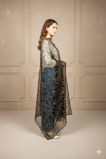 Sanskriti Vintage Black Pure Chiffon Silk Dupatta Long Stole Embroidered Zari Crafting, Upcycling, Recycling, Dress Making, Decor