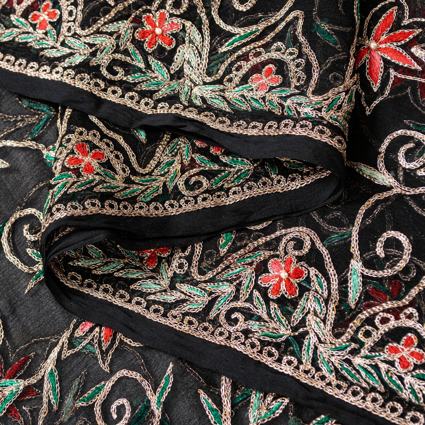 Sanskriti Vintage Black Pure Chiffon Silk Dupatta Long Stole Embroidered Zari Crafting, Upcycling, Recycling, Dress Making, Decor