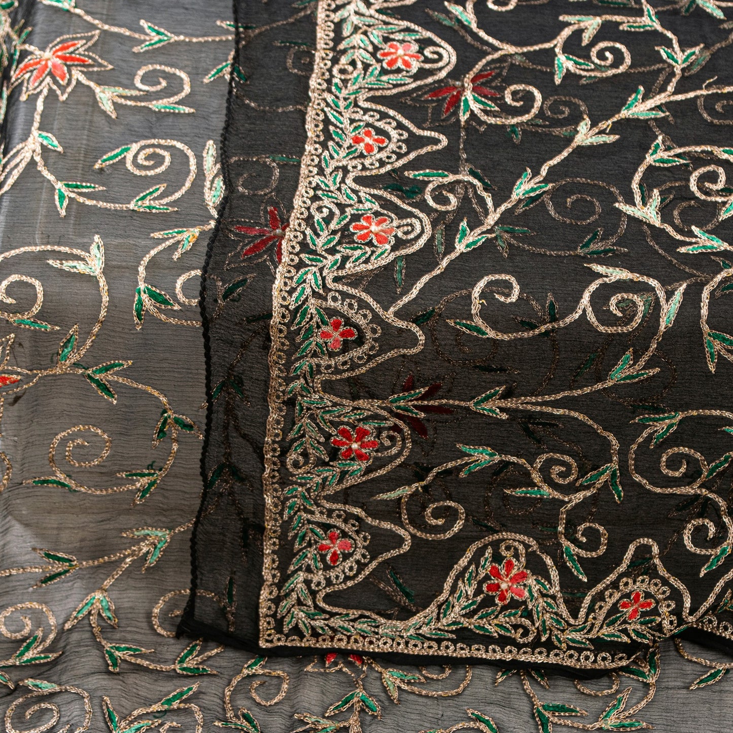 Sanskriti Vintage Black Pure Chiffon Silk Dupatta Long Stole Embroidered Zari Crafting, Upcycling, Recycling, Dress Making, Decor