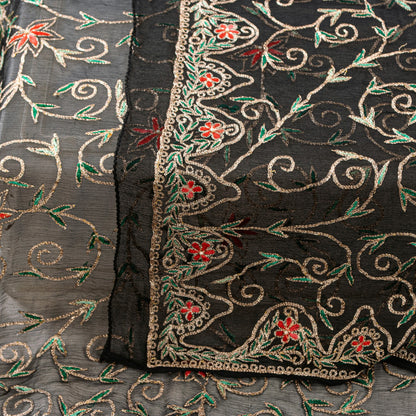 Sanskriti Vintage Black Pure Chiffon Silk Dupatta Long Stole Embroidered Zari Crafting, Upcycling, Recycling, Dress Making, Decor