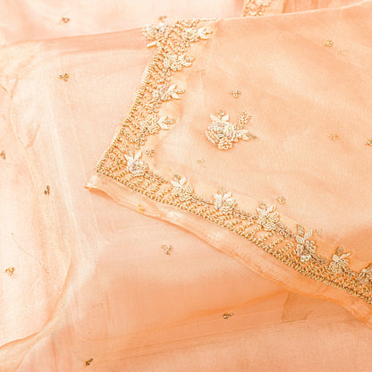 Sanskriti Vintage Peach Art Silk Dupatta Long Stole Hand Beaded Zardozi Scarves