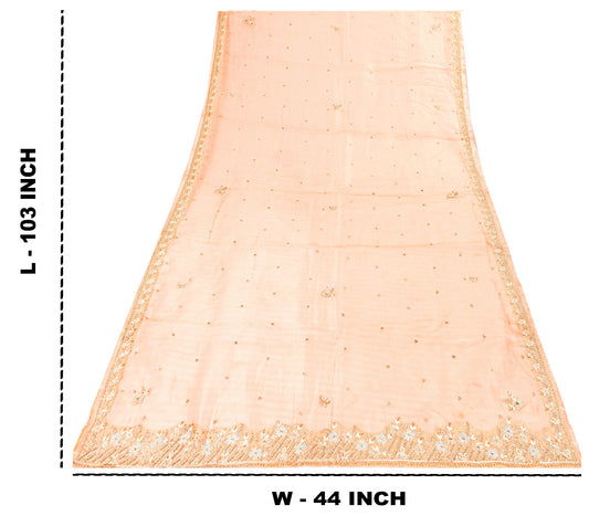 Sanskriti Vintage Peach Art Silk Dupatta Long Stole Hand Beaded Zardozi Scarves