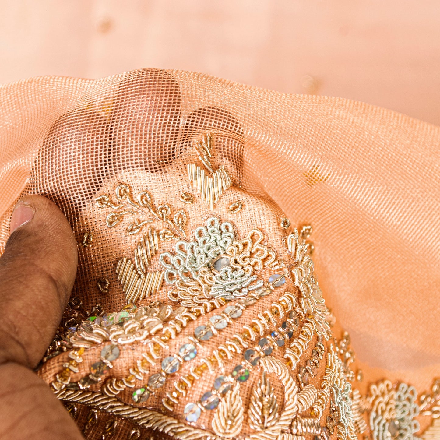 Sanskriti Vintage Peach Art Silk Dupatta Long Stole Hand Beaded Zardozi Scarves