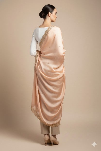 Sanskriti Vintage Peach Art Silk Dupatta Long Stole Hand Beaded Zardozi Scarves