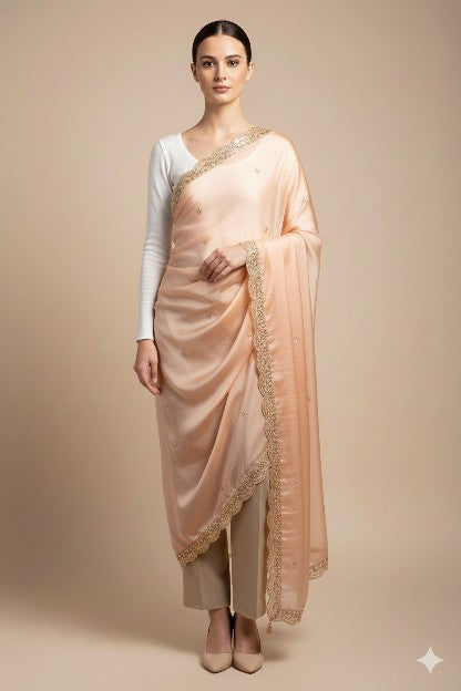 Sanskriti Vintage Peach Art Silk Dupatta Long Stole Hand Beaded Zardozi Scarves